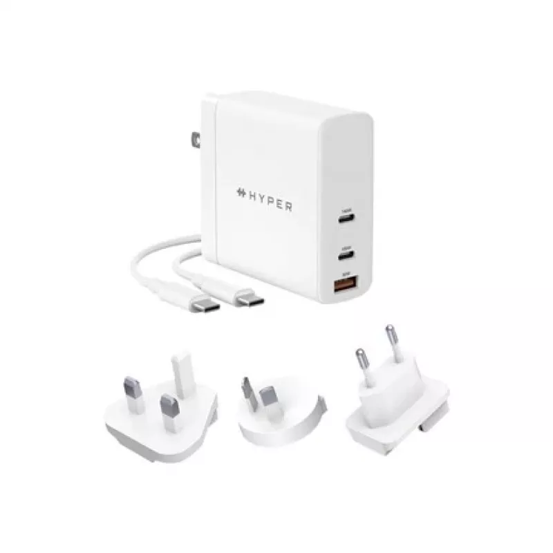 HYPER HJG140WW universalus baltas AC greitasis kroviklis, 140 W, GaN, 2x USB-C + 1x USB-A, patalpoms
