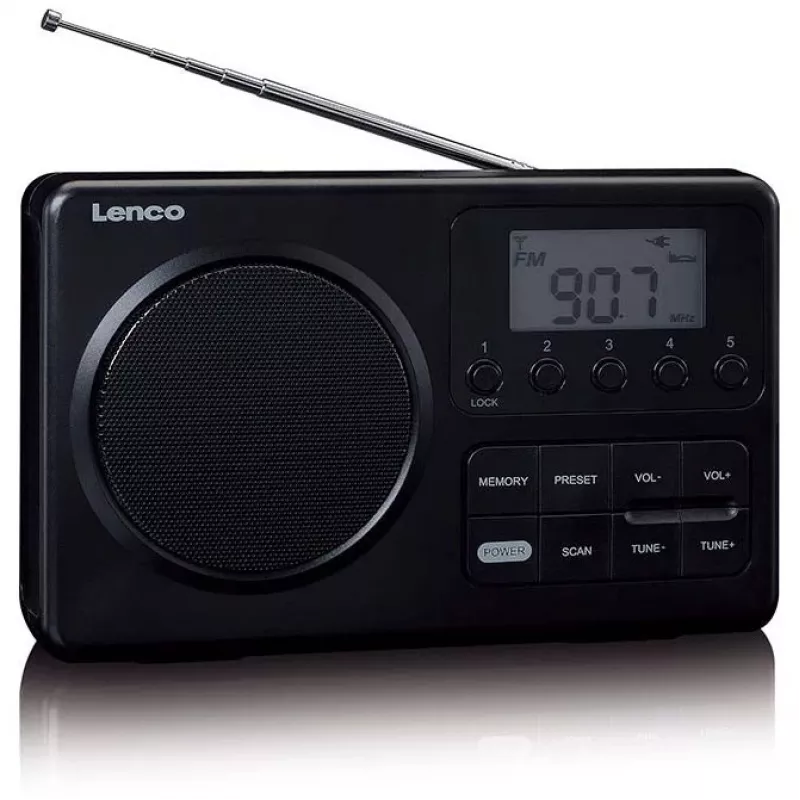 Nešiojamas radijas Lenco MPR-035BK – FM/AM, maitinimas iš tinklo arba baterijų, 2,5 colio LCD, 20 FM išankstinių nustatymų, 3,5 mm išėjimas