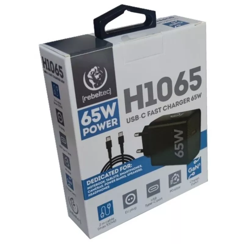 Greitasis PD65W USB-C įkroviklis nešiojamiesiems kompiuteriams ir išmaniesiems telefonams REBELTEC H1065
