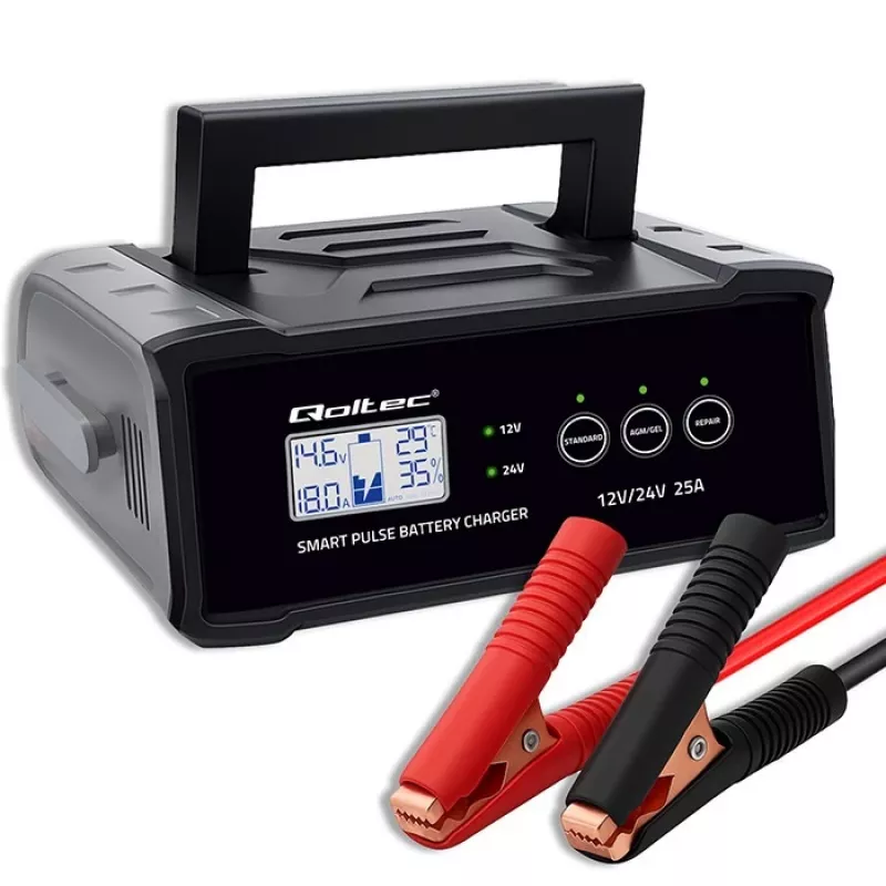 Įkroviklis QOLTEC 52514 – 12V/24V, 25A, AGM/GEL/SLA baterijoms su LCD ekranu