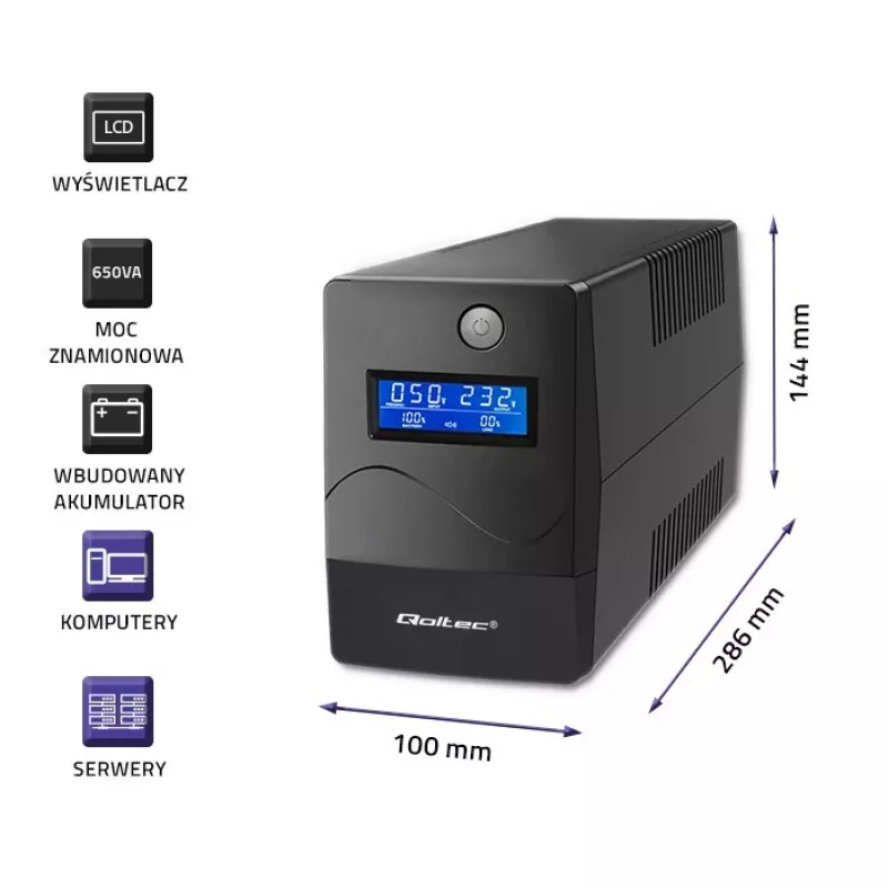 Qoltec Monolith UPS Double-conversion Online 0.65 kVA 360 W 2 AC lizdai