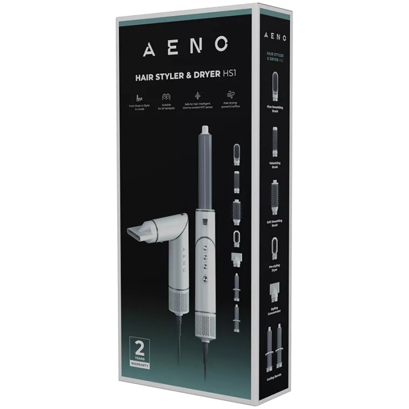 AENO Daugiafunkcis plaukų džiovintuvas, 220V-240V~50-60Hz, 1200W, jonizatorius, 4 temperatūros režimai, 3 greičio režimai, 98000 aps./min., <85dB