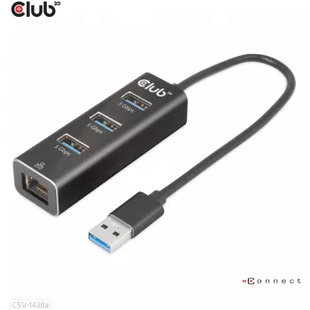 USB 3.2 Gen1 3 prievadų USB-A šakotuvas su Gigabit Ethernet – CLUB3D CSV-1430a