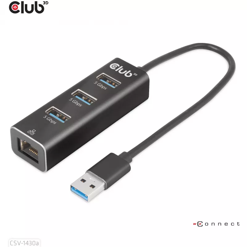 USB 3.2 Gen1 3 prievadų USB-A šakotuvas su Gigabit Ethernet – CLUB3D CSV-1430a