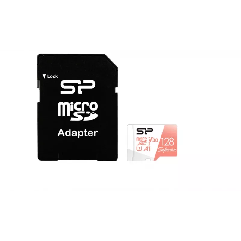 MicroSDXC atminties kortelė Silicon Power Superior 128GB UHS‑I Class 10 U3 V30, 100/80 MB/s, balta/persikinė