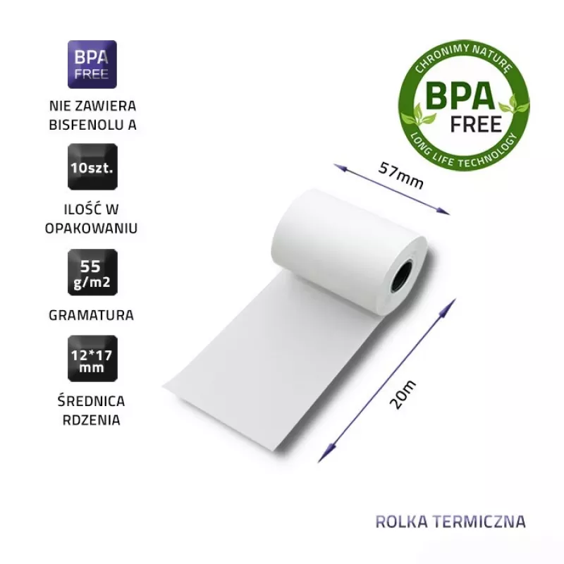 QOLTEC termoetikečių popierius 5,7 cm plotis, baltas, 55 g/m², 10 rulonų pakuotėje (modelis 51896)