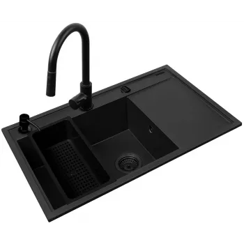 Virtuvės kriauklės komplektas PYRAMIS CAMEA 79x50 1B 1D L su IDEA BLACK EDITION maišytuvu, granitas, 79×50×19 cm, 1 dubuo 49×38×19 cm