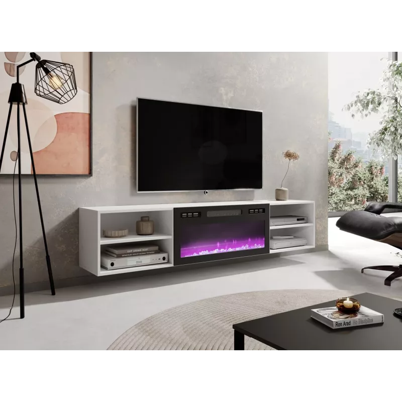 TV spintelė cama meble POLO 180x33x39 cm su elektriniu židiniu 1400–1600 W, laminuota, balta/juoda