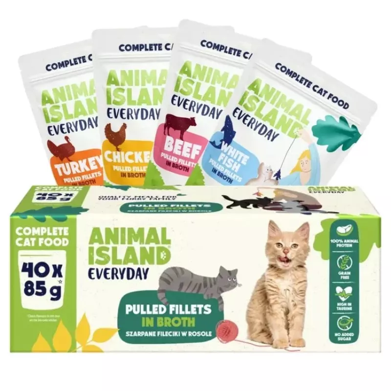 Šlapias kačių ėdalas Animal Island Everyday – jautiena, vištiena, kalakutiena ir baltos žuvies filė sultinyje, 40 x 85 g paketėliai