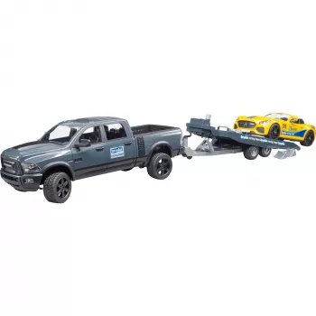 BRUDER 2504 žaislinis automobilis Dodge RAM 2500 su priekaba ir lenktyniniu automobiliu