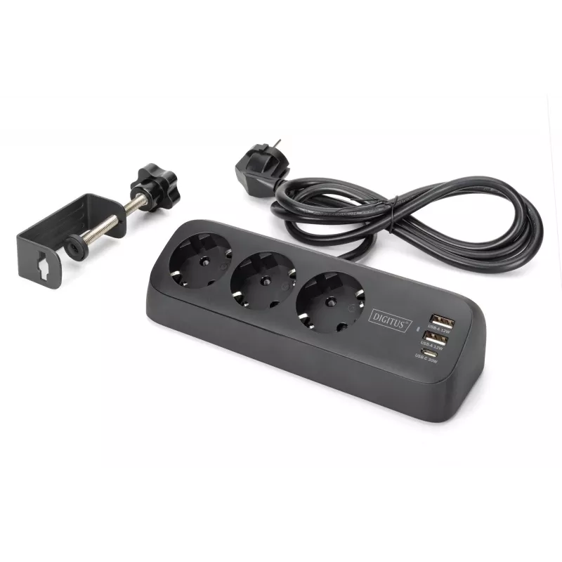 Maitinimo juosta DIGITUS 3 kištukiniai lizdai su 2×USB-A ir 1×USB-C, 1,5 m laidas, juoda