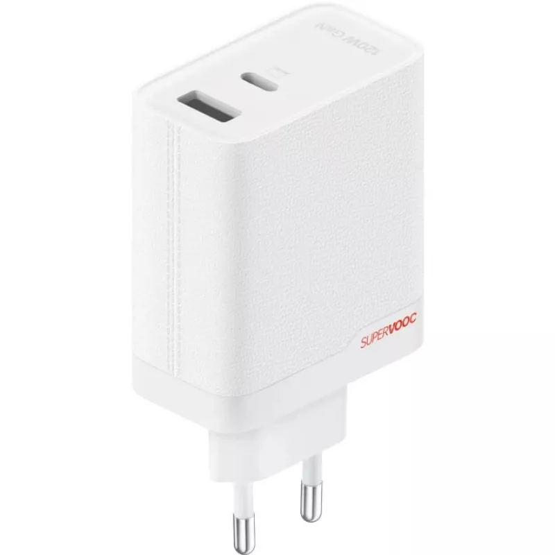Maitinimo adapteris ONEPLUS SUPERVOOC 120W dviejų prievadų laidinis įkroviklis, 120W bendra galia, 1x USB-C + 1x USB-A, 100–240V, 145 g, baltas