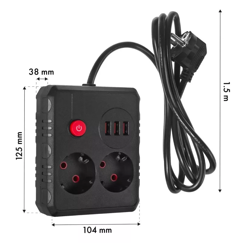 Maclean MCE387 B ilgintuvas su 2 kištukiniais lizdais ir 3 USB A prievadais, 1,5 m laidas, 2500 W