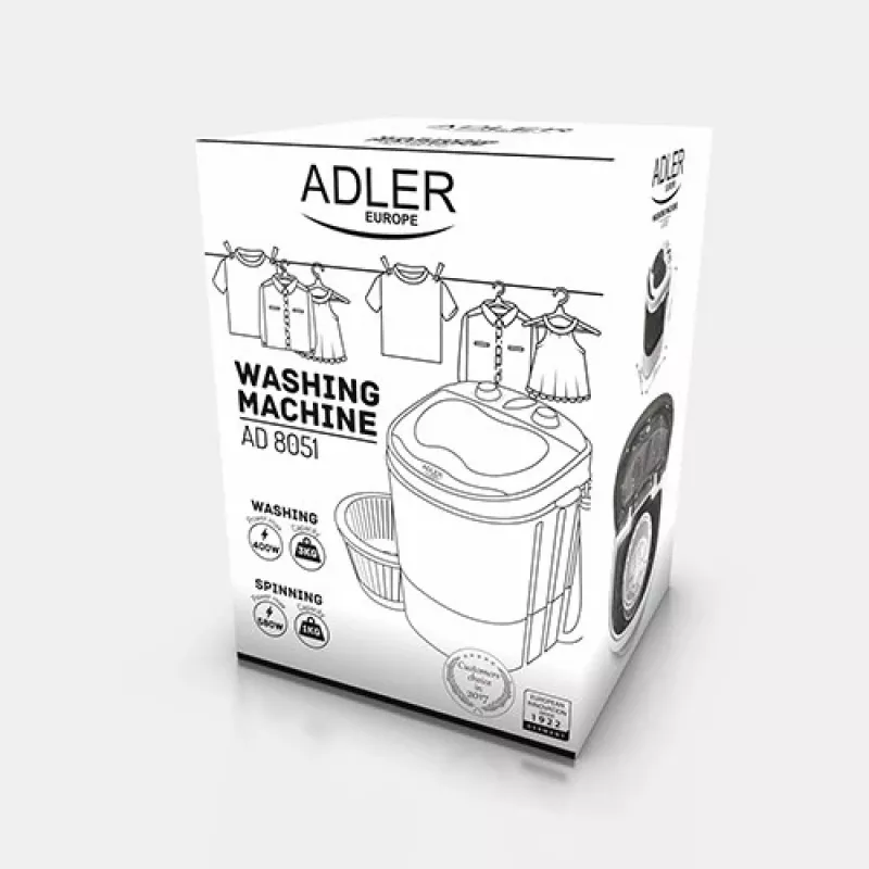 Adler AD 8051 Skalbimo mašina, 3 kg, 37 cm, balta/mėlyna