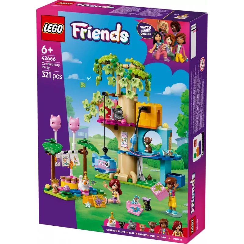 Konstruktorius LEGO Friends 42666 Katės gimtadienio vakarėlio medžio namelis, 321 d., 6+ m., 180×160×100 mm