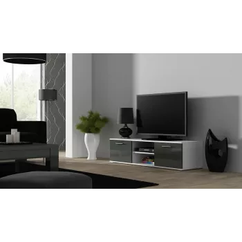 TV stovas cama meble SOHO 140 – 1400×430×370 mm, baltas viršus, medžio drožlių plokštė, baltas rėmas, balta/pilka blizgūs fasadai