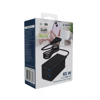 Gembird TA-UC-2A2C-PD65-01-BK mobiliojo įrenginio greitasis įkroviklis nešiojamam kompiuteriui, išmaniajam telefonui, juodas, AC, 65 W