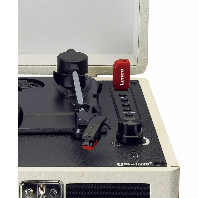 Patefonas su diržine pavara Lenco TT-115CR kreminės spalvos – lagamininis grotuvas, USB įrašymas, Bluetooth 5.0, 33/45/78 aps./min.