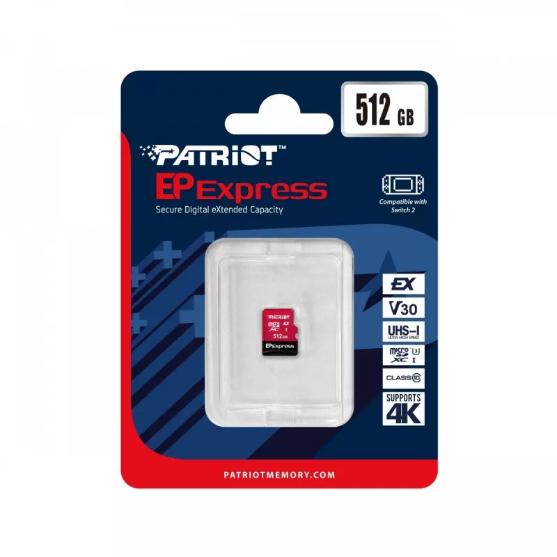 PATRIOT PEF512GEPEXMCX MicroSDXC atminties kortelė 512 GB UHS-I U3 V30 Class 10, skaitymas 800 MB/s, rašymas 600 MB/s, rašymo apsaugos jungiklis