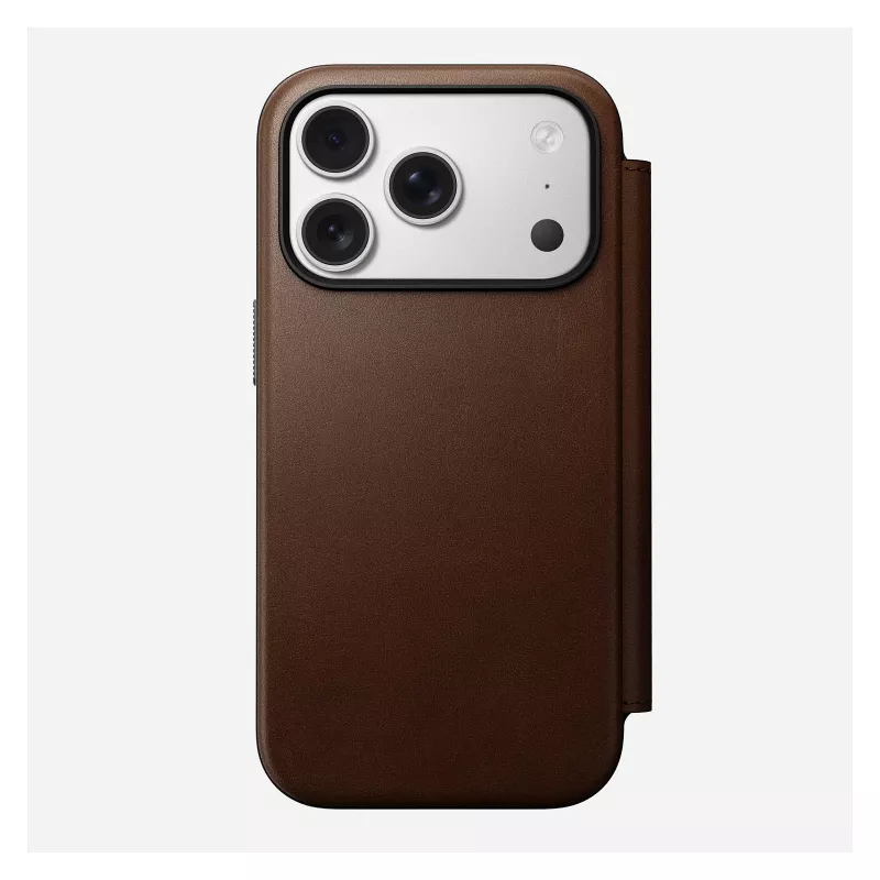 Odininis dėklas su atvartu Nomad Modern Leather Folio, skirtas iPhone 17 Pro, rudos spalvos, tinka 6,3 colio (16 cm) ekranui, 4 kortelių kišenės