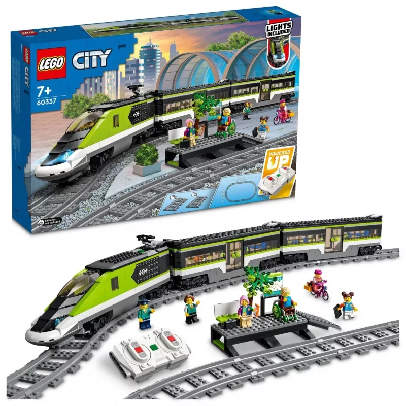 LEGO City 60337 Express keleivinis traukinys su nuotolinio valdymo pultu, žaislas vaikams, berniukams ir mergaitėms, su veikiančiais priekiniais žibintais, 2 vagonais ir 24 bėgių dalimis