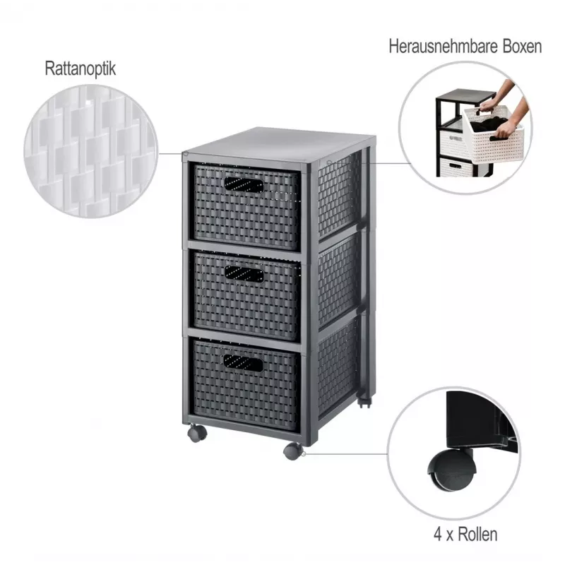Spintelė su stalčiais Rotho Country Black 3 stalčiai antracitas polipropilenas 325×375×712 mm su ratukais