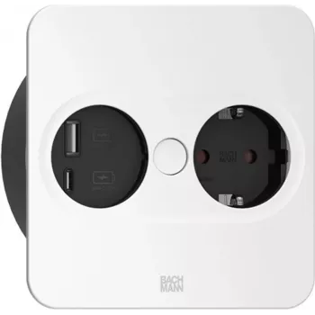 Bachmann TWIST 2 Metalinis dengiamasis skydelis, kvadratinis, sidabrinis matinis lakuotas, 1x UTE kištukinis lizdas Prancūzijai juodas su sustiprinta apsauga, 1x USB A/C 22W įkroviklis, maitinimo laidas 0,2 m H05VV-F3G