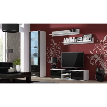 TV stovas Cama Meble SOHO 140 – 1400×430×370 mm, baltas viršus, medžio drožlių plokštė, baltas rėmas, juodi blizgūs fasadai