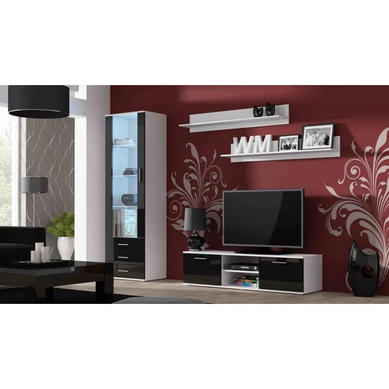 TV stovas Cama Meble SOHO 140 – 1400×430×370 mm, baltas viršus, medžio drožlių plokštė, baltas rėmas, juodi blizgūs fasadai