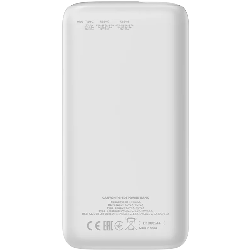 CANYON PB-301 30000 mAh PD 20W QC 3.0 Baltas
