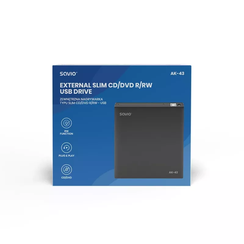 Išorinis plonas DVD±RW įrenginys SAVIO AK-43, USB 2.0, juodas, palaiko CD/DVD skaitymą ir rašymą (24x CD, 8x DVD)