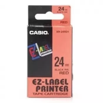 Lipnių etikečių ritinėlis CASIO XR-24RD1 — juoda ant raudonos, 2,4 cm × 8 m, 1 vnt.