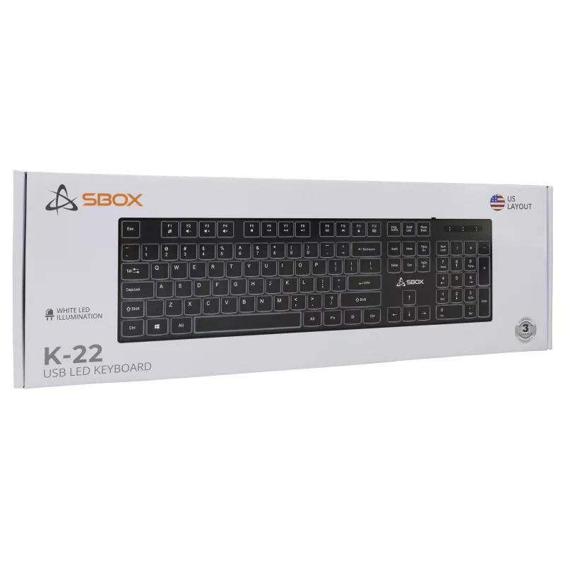Laidinė USB klaviatūra SBOX K-22 US Black – JAV išdėstymas, juoda, USB jungtis