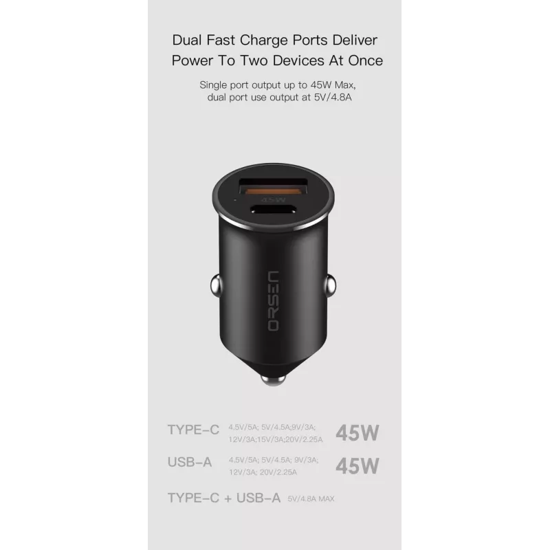 Automobilinis kroviklis Orsen C8 45W – 45W USB-C PD greitasis krovimas, juodas