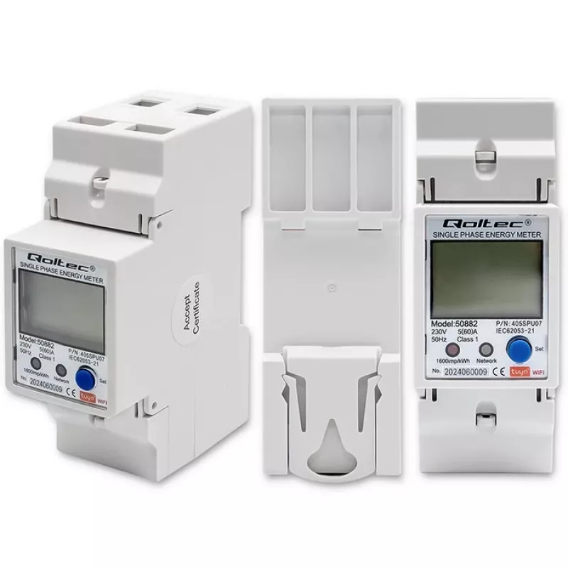 Qoltec 50882 Vienfazis elektroninis elektros energijos skaitiklis DIN bėgiui | Wi-Fi | TUYA | 230V | LCD