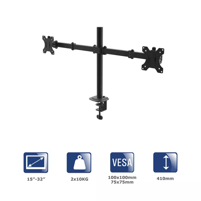 Akyga AK-MB-02 dvigubas monitorių laikiklis ant stalo, 2 x 10 kg, VESA 75x75 / 100x100, 15–32", juodas