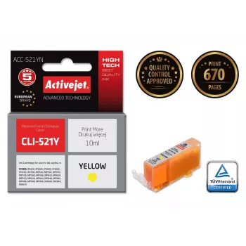 Kasetė rašalinė Activejet ACC-521YN Geltona, suderinama su Canon CLI-521Y, didelės talpos (XL) 10 ml