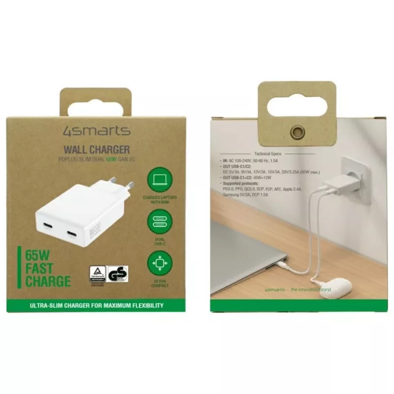 Įkroviklis PDPlug Dual 65W GaN 2xUSB-C baltas