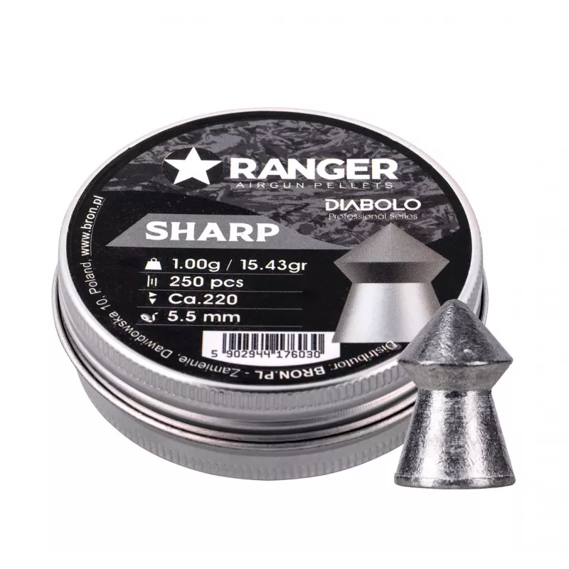 Šratiniai šoviniai RANGER PRORO 5.5 mm, diabolo formos, sidabriniai, 250 vnt., aliumininis dozatorius