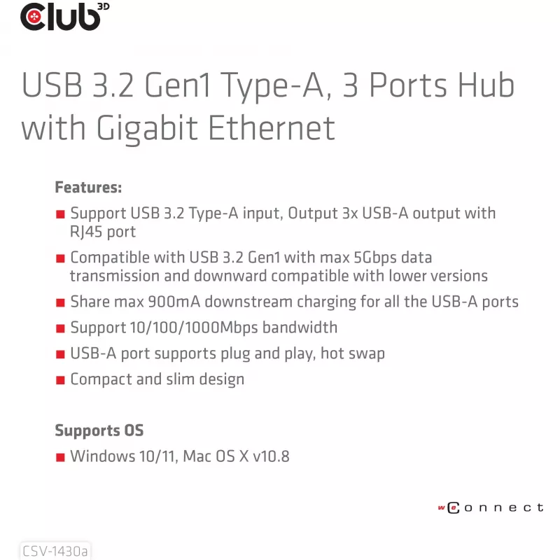 USB 3.2 Gen1 3 prievadų USB-A šakotuvas su Gigabit Ethernet – CLUB3D CSV-1430a