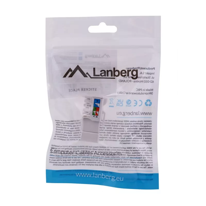 Keystone modulis LANBERG KSU6-1090, Cat6 U/UTP plokščias, RJ-45 vyriškas į LSA moterišką, AWG 22/26, 14,5×16,1 mm, baltas
