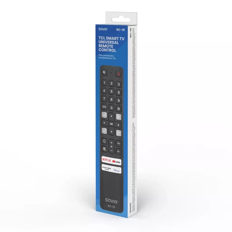 SAVIO universalus televizoriaus pultelis RC-15 TCL SMART TV, IR belaidis, juodas, veikimo nuotolis 10 m