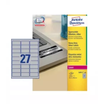 Avery Durable Heavy Duty L6011 – lipnūs poliesterio etikečių lapai – sidabriniai – 63,5 x 29,6 mm – 2700 etikečių (100 lapų x 27) L6011-100