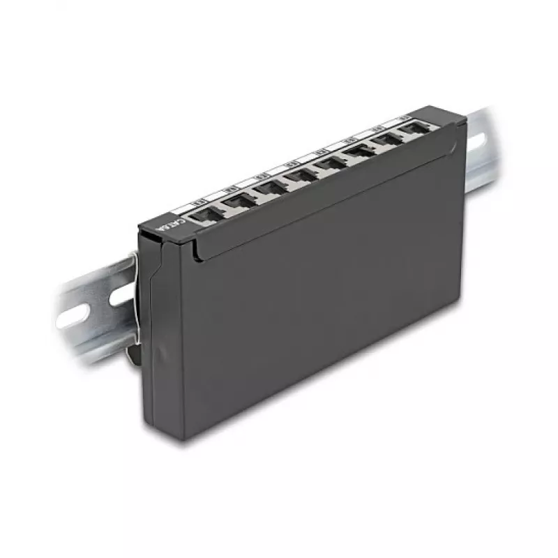 Patch panel DELOCK Mini Desktop RJ45 8 prievadų Cat.6A ekranuotas juodas ant stalo, sienos ar DIN bėgio