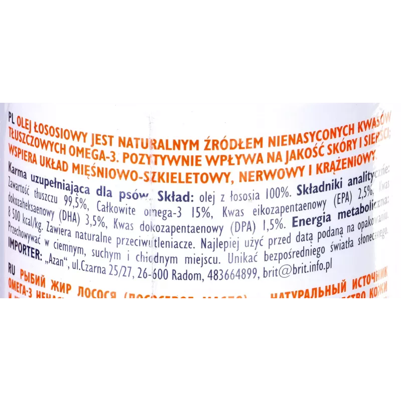 Maistinis aliejus gyvūnams Brit Care BRIT 1000 ml — odos ir kailio papildas šunims ir katėms, 1 L butelis