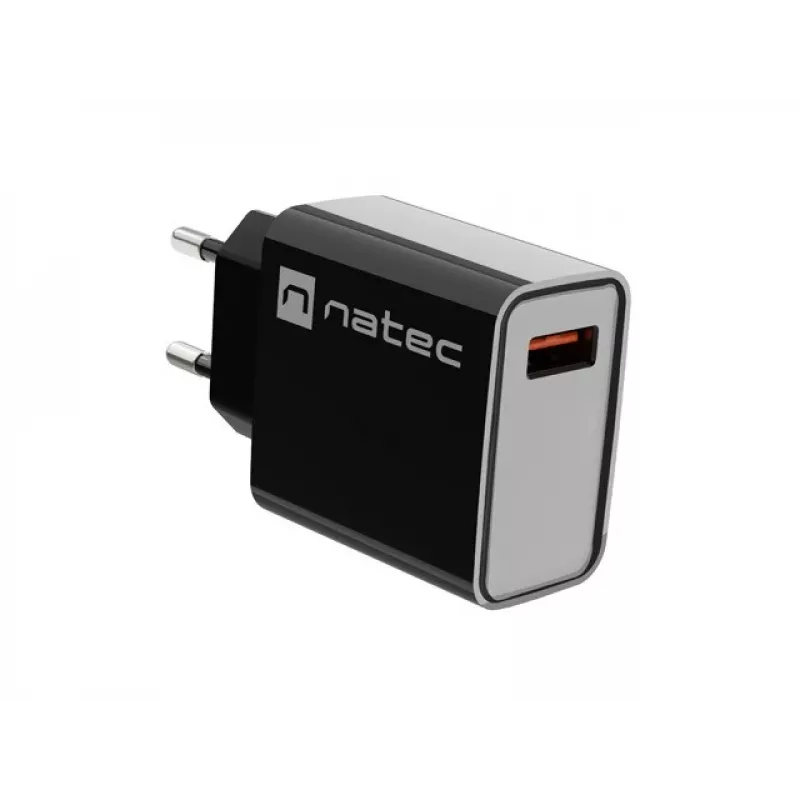NATEC AC greitasis laidinis sieninis įkroviklis Ribera — 18 W (5–15 V, iki 3 A), 1× USB-A, Huawei FCP/SCP, juodas