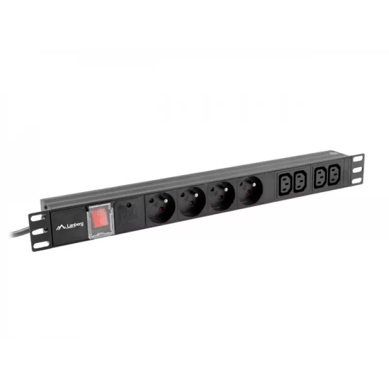 LANBERG PDU-04E04I-0200-BK maitinimo skirstytuvas 4× C13, 16 A, 220–250 V, 2 m laidas, 1U horizontalus, juodas