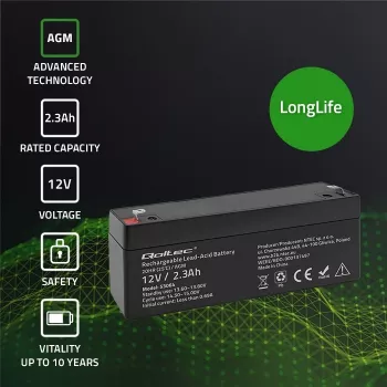 Sandari AGM baterija QOLTEC 12V 2,3Ah UPS ir atsarginėms sistemoms, maks. iškrova 34,5A