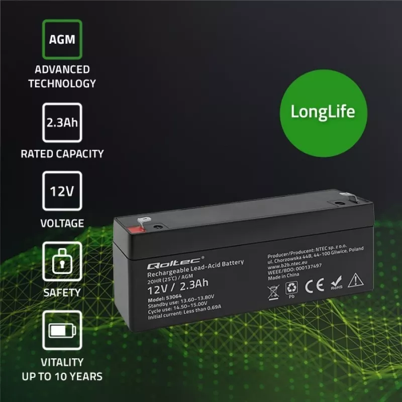 Sandari AGM baterija QOLTEC 12V 2,3Ah UPS ir atsarginėms sistemoms, maks. iškrova 34,5A
