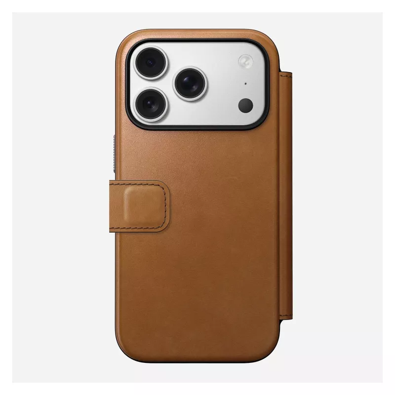 Dėklas folio Nomad Modern Leather Folio, skirtas iPhone 17 Pro, oda + aliuminis, 6,3 colio (16 cm), Tan, 3 kortelių kišenės